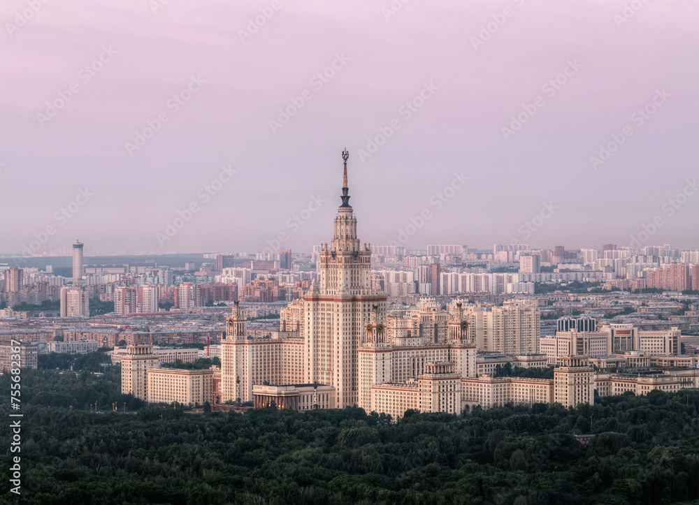 Moscow State University - one of Stalin skyscrapers at summer morning in Moscow