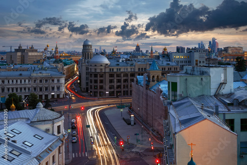 Ilinka street in center of Moscow, Kremlin far away at cloudy morning in Russia photo