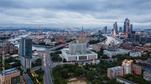 Government Building, Ukraine hotel and Moskva river at overcast day