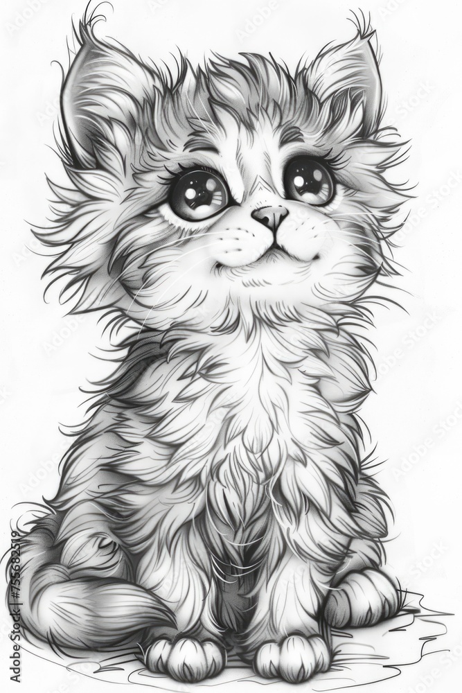 A black and white drawing of a cat, coloring book for kids. A black and white drawing of a cat, coloring book for kids.