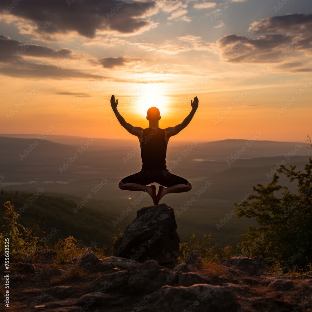 A man in white shirt and black pants practices yoga on a rock at sunset amidst tranquil nature. Surrounded by trees and mountains, he meditates gracefully in a serene setting.