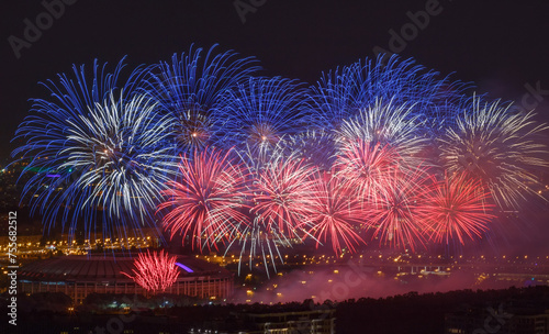 Beautiful firework above Luzhniki stadium during festival at night in Moscow, Russia