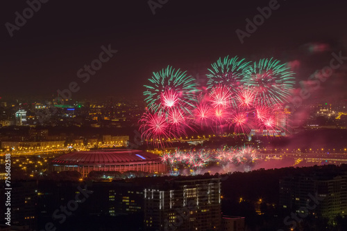 Bright firework above Luzhniki stadium at night in Moscow, Russia