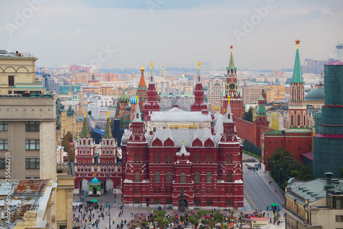 Historical Museum and Kremlin towers with stars in Moscow, Russia