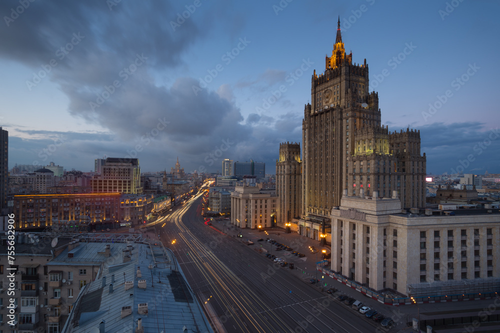 Ministry of Foreign Affairs building (Stalin skyscraper) at evening in Moscow, Russia