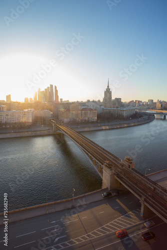 Smolensky Metro Bridge and beautiful sunset in Moscow, Russia