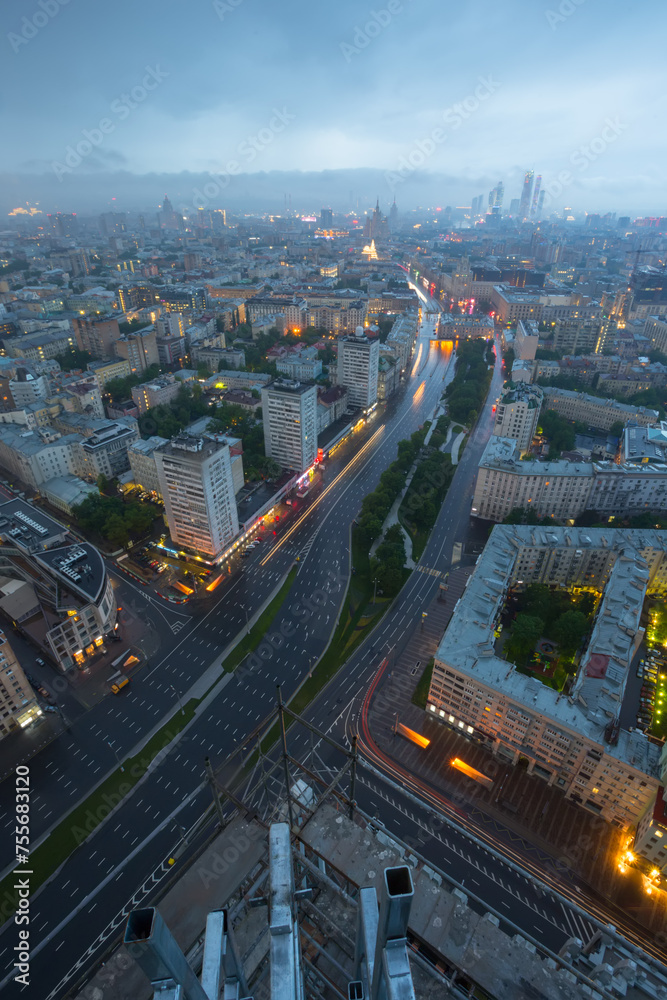 Garden ring street at summer night in Moscow, view from business center Weapon, Russia