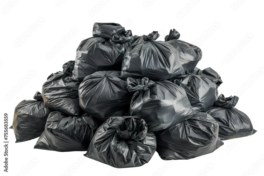 Pile of black garbage bags isolated on a white or transparent background. Close-up of black trash bags. Recycling and sorting waste, caring for the environment.