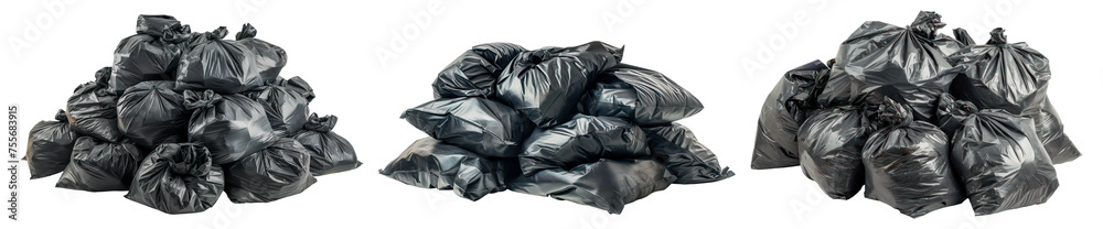 Set of pile of black garbage bags isolated on a white or transparent background. Close-up of black trash bags. Recycling and sorting waste, caring for the environment.