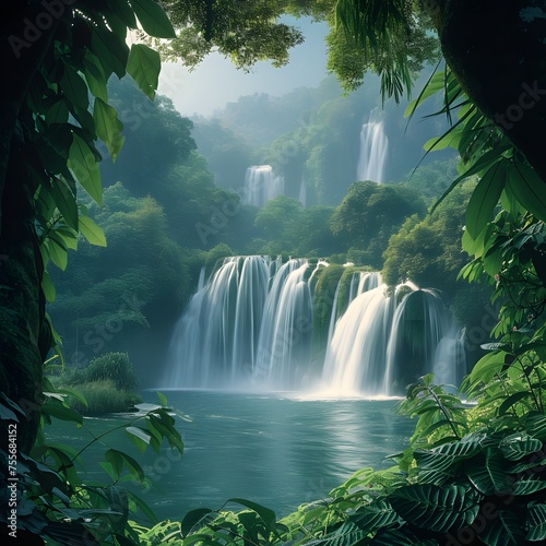Waterfall Background: Cascading waterfalls framed by lush vegetation create a serene and picturesque backdrop.
