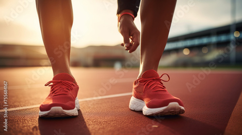 Close-up of a Runner's Muscular Legs at the start of a Treadmill. An athletic Sprinter in red sneakers runs in the stadium at Sunset. Competitions, sports, Healthy Lifestyle concepts.