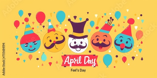 Funny smiling faces with mustaches and candy for April Fool s Day poster design. Background with text April Fools  Day and cartoon emoji smiley faces  mustache  clown hat