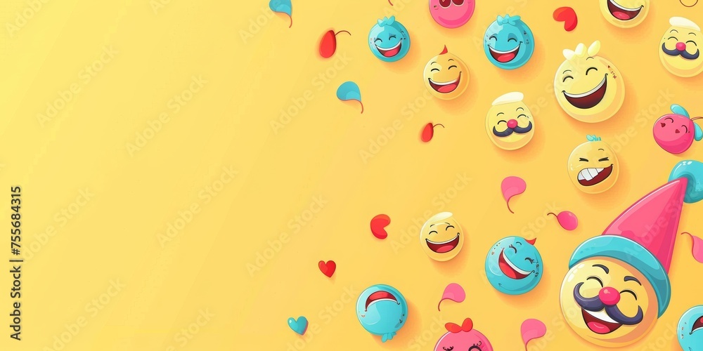 Funny smiling faces with mustaches and candy for April Fool's Day poster design. Background with text April Fools' Day and cartoon emoji smiley faces, mustache, clown hat