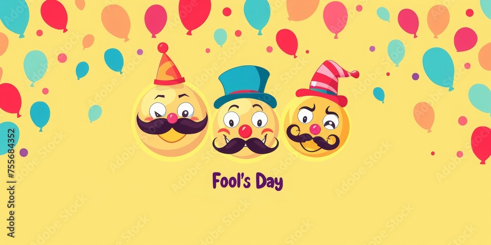 Funny smiling faces with mustaches and candy for April Fool's Day poster design. Background with text April Fools' Day and cartoon emoji smiley faces, mustache, clown hat