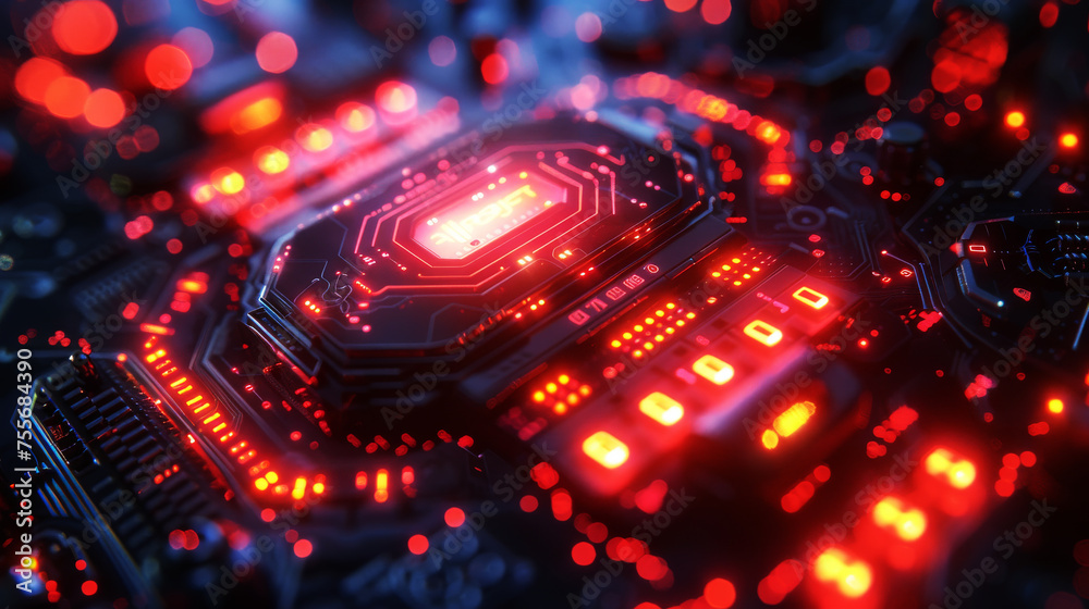 A close-up of a glowing red circuit board with illuminated connections reflecting the complexity of modern electronics.