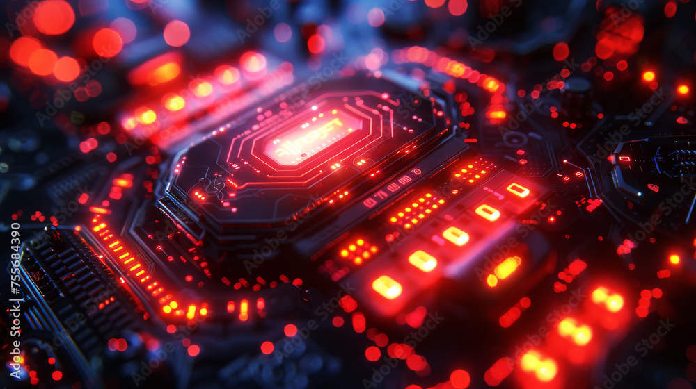 Obraz premium A close-up of a glowing red circuit board with illuminated connections reflecting the complexity of modern electronics.