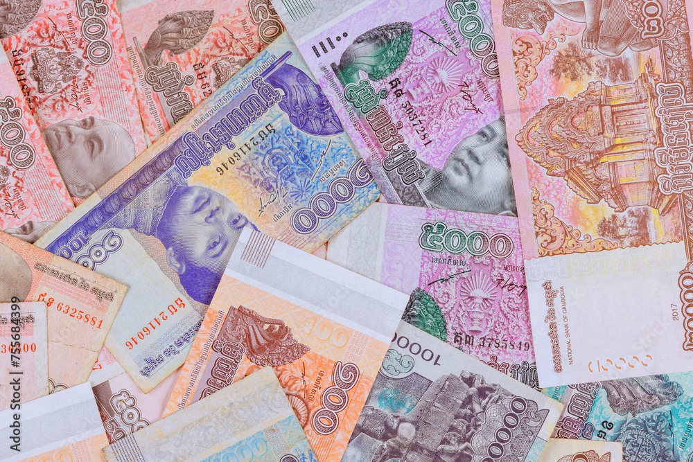 Riels of different nominal values represent Cambodian national currency