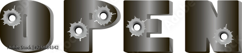 Open. English alphabet. Volumetric metal letters, pierced by bullets. Bullet holes. Vector.