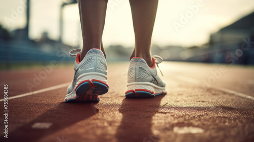 Close-up  Rear view of the Muscular Legs of a Runner at the start of a Treadmill. An athletic sprinter in white sneakers runs in the stadium at Sunset. Competitions  sports  Healthy Lifestyle concepts