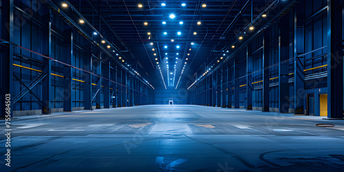 A large warehouse with a blue light on the ceiling Large Storage Facility with Ceiling Blue Light Commercial Storage Space with Overhead Blue Lighting 