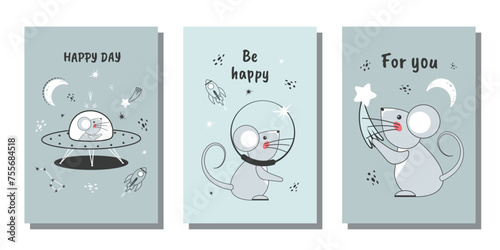 A set of greeting cards for a birthday, holiday, party, poster, invitation, template, wallpaper, greeting cards. Funny mouse. Vector design.