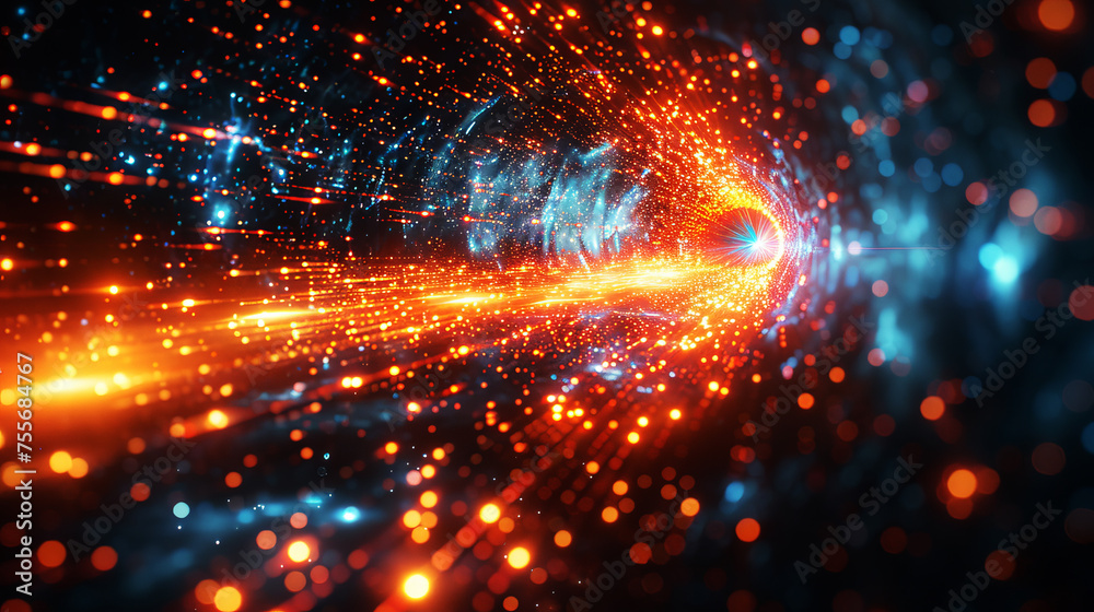 Swirling blue and red particles form a tunnel, illustrating the flow of quantum energy or data transmission in a cyber environment. Swirling blue and red particles form a tunnel, illustrating the flow of quantum energy or data transmission in a cyber environment.