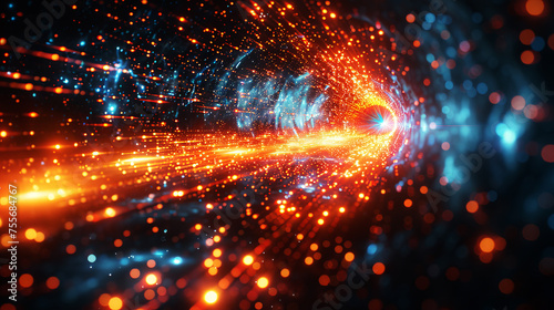 Swirling blue and red particles form a tunnel, illustrating the flow of quantum energy or data transmission in a cyber environment.