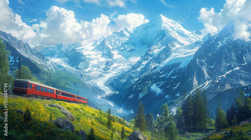 A serene depiction of snow-capped mountains framing the Glacier Express
