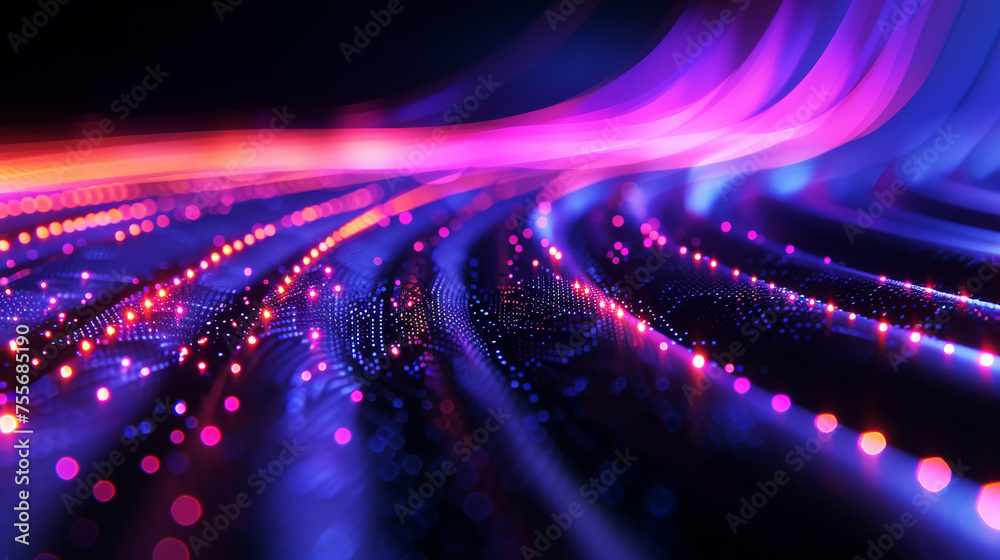 Abstract pathways of red and blue light particles curve through the darkness, suggesting a digital journey through cyberspace.
