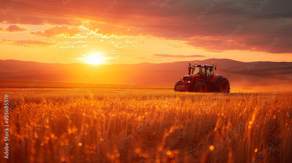 A tractor is operating within the agricultural field on the sunset, cultivation grain concept 