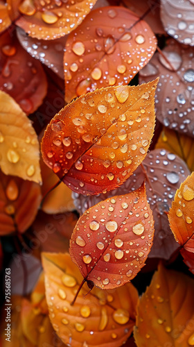 Autumn foliage adorned with shimmering droplets © losee