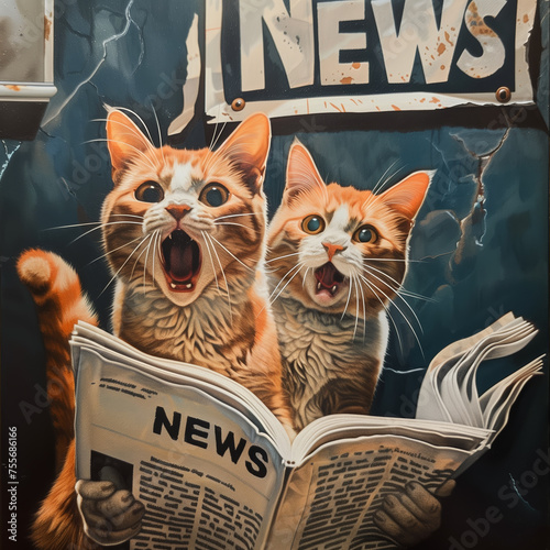 Zszokowane koty przeglądające najnowsze nowości w gazecie #755686166