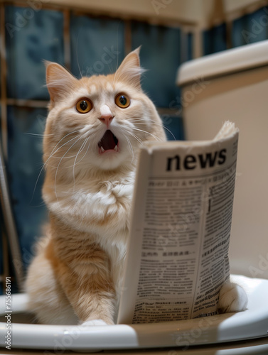 Zszokowany kot czytający gazetę z nowościami na toalecie #755686191