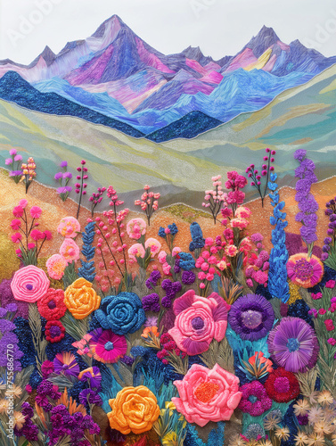 Ilustracja, krajobraz górski z kwiatami