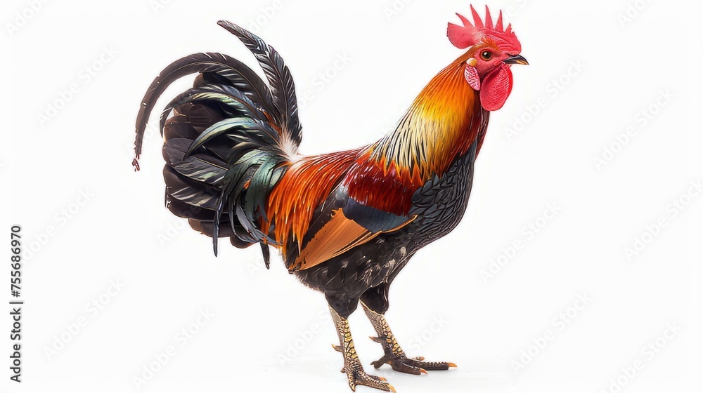 A symbol of a man's courage and masculinity, a large, mature rooster. A symbol of masculinity. The rooster is isolated in the white background. Created with Generative AI.