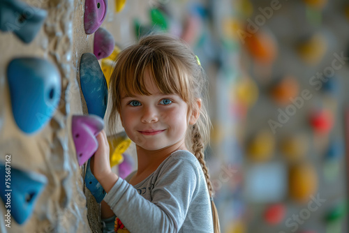 Cute little girl climbing on a climbing wall.