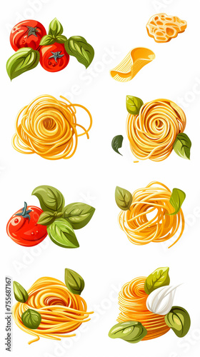 Design a set of spaghetti icons with colorful toppings isolated on a white background.