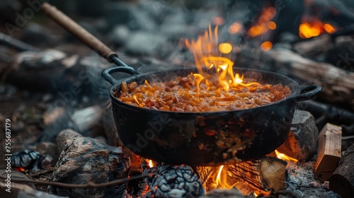A pot of food cooking over an open fire