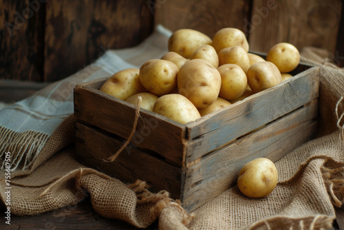 young ripe potatoes in a wooden box on a bag, harvest