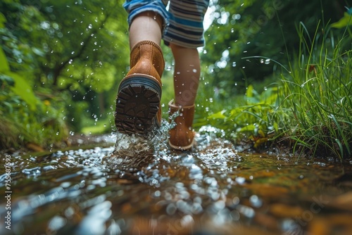 A person in sports shoes walking through a stream of water
