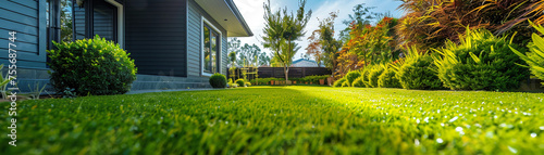 Green lawn smooth grass near the house