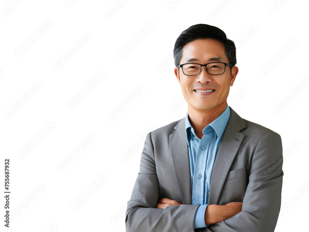Portrait of a smiling Asian businessman in suit and wearing glasses, front view, isolated on transparent background Portrait of a smiling Asian businessman in suit and wearing glasses, front view, isolated on transparent background