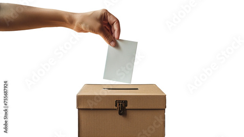 Hand throwing a piece of paper on the box, isolated on transparent background