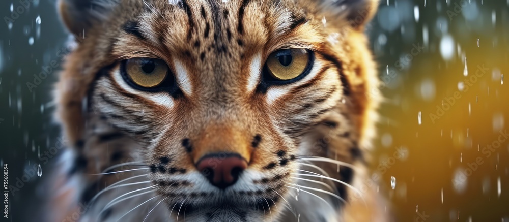 Obraz premium a view close up lynx with raindrop background