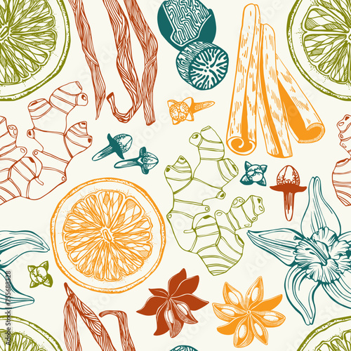 Hand-drawn herbs and spices background. Vinatge food seamless pattern. Kitchen spices sketches for packaging, fabric, menu, labels. NOT AI generated