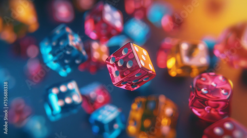 Render a set of colorful dice rolling across the screen