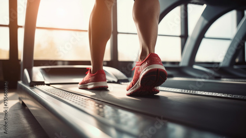 Close-up of a foot in sneakers on a treadmill in the gym. Cardio Exercises, Athletic Sprinter, Runner, Fitness, Sports, Healthy Lifestyle concepts. A Horizontal Banner.