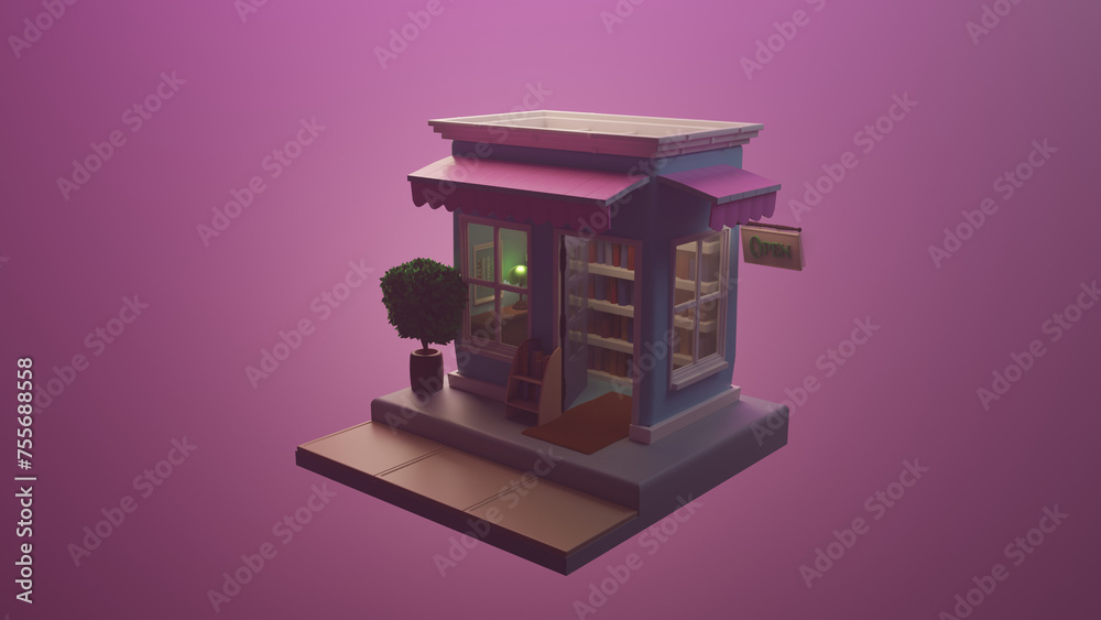 Open Book Shop at on Pink Background with Open Sign Open Book Shop at on Pink Background with Open Sign