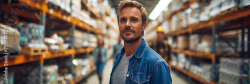 Portrait of a supervisor in a warehouse full of shelves and merchandise, business, trade, and economic concept of production and distribution of goods and products