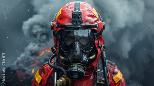 Portrait of a firefighter in full red protective gear, with a protective helmet, goggles, and oxygen mask. Fire and thick smoke are in the background behind the firefighter